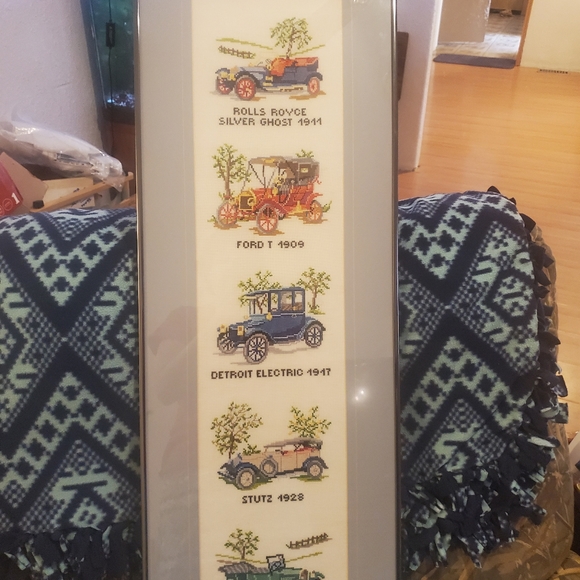 Vinrage Cross Stitch Antique Cars Framed Art. 12